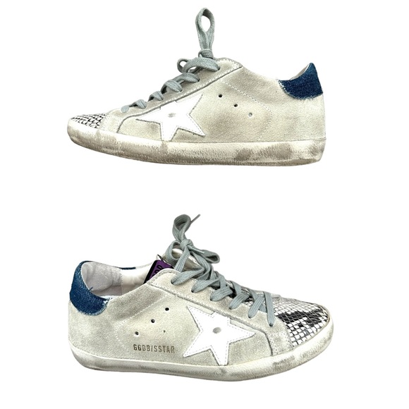 Golden Goose Denim Trimmed Snakeskin Leather Superstar Sneakers Gray Purple - Picture 3 of 11